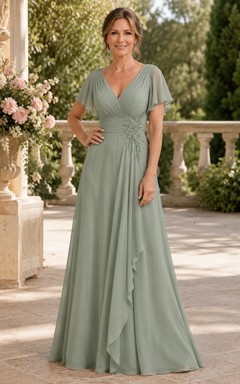 Salbeigrünes Chiffon-Kleid in A-Linie mit V-Ausschnitt und Schnürung am Rücken