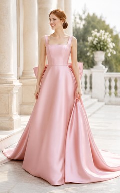 Blushing Pink Square Neck Satin A-Line Bow Back Cathedral Wedding Dress