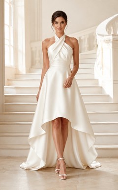 Simple High-low Sleeveless Bridal Ceremony Formal Halter A-line Dress