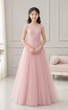 Bezauberndes, zartrosa Kleid für junge Brautjungfern mit kurzen Ärmeln aus Chiffon und Strasssteinen in A-Linie, bodenlang