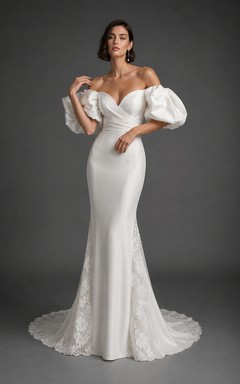 Robe de mariée sirène en satin avec épaules dénudées, manches bouffantes et traîne en dentelle
