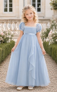 Powder Blue Flower Girl Dress Floor-Length Chiffon A-Line Square Neck Puff Sleeve Lace Cascade