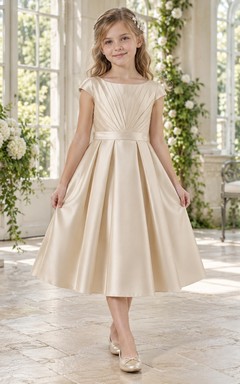 Simple Tea-length Champagne Satin Jewel Cap-sleeve Radial-bodice Pleated Waistband Zipper-back Flower Girl Dress