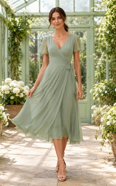 Elegant Sage V-Neck Flutter Sleeve Chiffon Tea-Length A-Line Garden Guest Dress