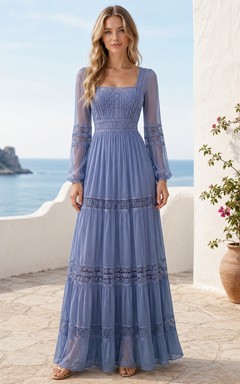 Slate Blue Square Neck Tiered Long Sleeve Bohemian Maxi Dress