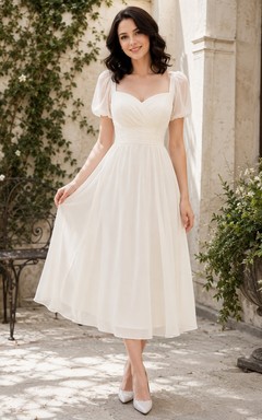 Tulle Sweetheart Short Sleeve A-line Tea-length Elopement Dress