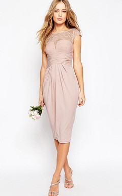 Pencil Scoop-Neck Tea-Length Cap-Sleeve Chiffon Bridesmaid Dress With Appliques And Illusion