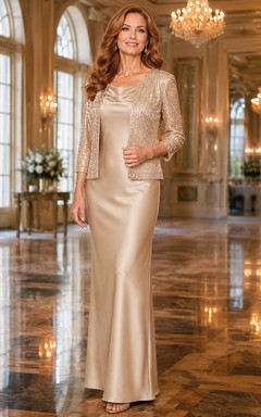 Robe fourreau en satin champagne avec veste en dentelle, robe de mère
