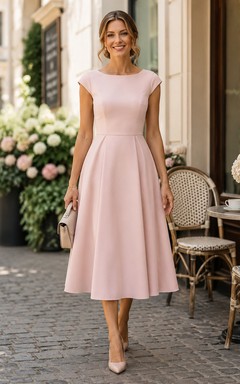 Vestido midi sencillo de satén con mangas cortas y corte en A, estilo Blush Mother Bateau, ideal para estudiantes.