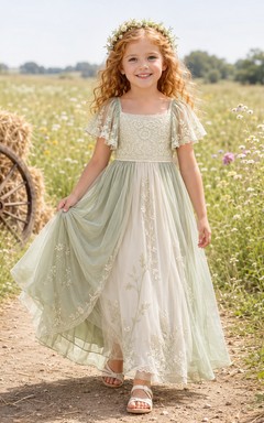 Salbeigrünes Chiffon-Blumenmädchenkleid in A-Linie mit kurzen Ärmeln, eckigem Ausschnitt und Teelänge, plissiert