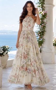 Light Floral Halter Neck Destination Garden Maxi Dress