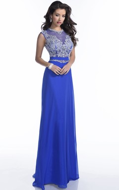 Ärmelloses Chiffon-Abendkleid in A-Linie mit Schmuckbesatz an der Taille und Applikationen