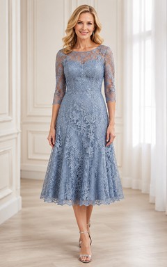 Staubblaues A-Linien-Kleid mit Illusionsärmeln aus Spitze und Teelänge
