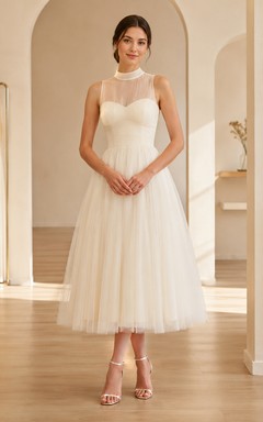 Courtly Mist Ivory A-Line Tea-Length High-Neck Sleeveless Tulle Modest Cocktail Dress