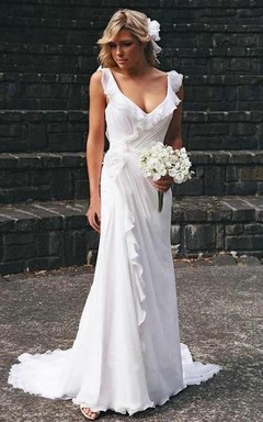 Elegante vestido de novia sin mangas de gasa con escote en V y volantes.