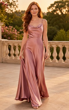 Dusty Rose Cowl Neck Satin Slit Formal Dress