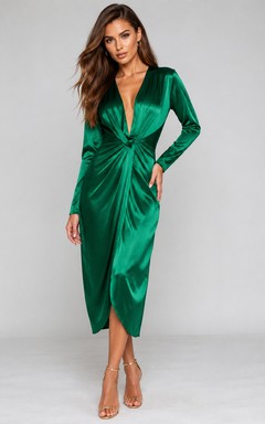 Emerald Green Satin Twist Front Long Sleeve Midi Sheath Dress