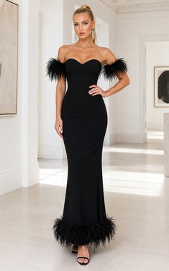 Black Strapless Mermaid Formal Dress with Feather Sleeve Trim and Feather Hemline