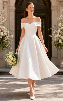 Schulterfreies, modernes Brautkleid aus Satin in Teelänge, passend für den Standesamt