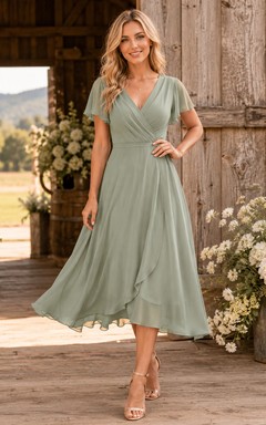 Barn Sage V-Neck Chiffon A-Line Tea-Length Flutter Sleeve Wedding Guest Dress