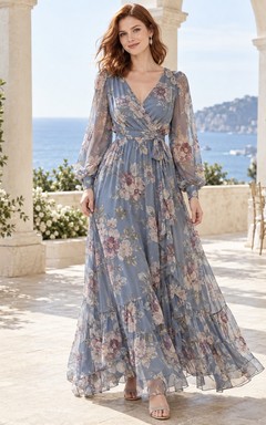 Robe longue bohème en mousseline bleu ardoise à manches longues et col en V à imprimé floral, style bohème