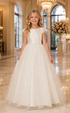A-Line Evening Wedding Flower Girl Dress with Cap Sleeves, Smooth Bodice, Full Tulle Skirt, Natural Waist, Formal Ceremony Style
