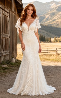 Vestido de novia de tul y encaje campestre, estilo sirena, con escote en V, manga larga, cola de corte y espalda baja en V.