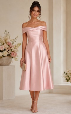 Blush Off-the-Shoulder Satin Tea-Length Dress