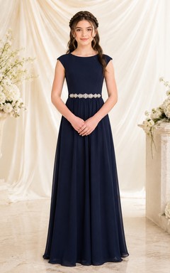 Dark Navy Junior Bridesmaid Dress A-Line Scoop Short Sleeve Chiffon Crystal Detail Elegant
