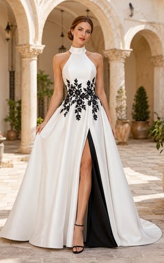 Schwarzes, ärmelloses Brautkleid aus Satin mit floralen Applikationen, Neckholder und A-Linien-Schleppe