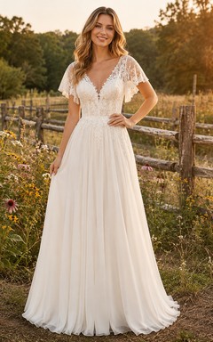 Brautkleid im Landhausstil aus Chiffon und Spitze, A-Linie, V-Ausschnitt, ärmellos, Kapellenschleppe, tiefer V-Ausschnitt am Rücken