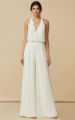Ruffle V-Neck Pleated Wedding Jumpsuit