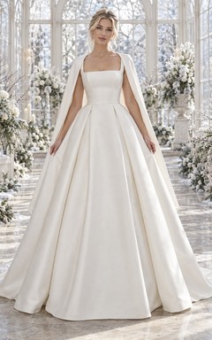 Vestido de novia sencillo de satén con cuello cuadrado, sin mangas y plisado tipo caja, estilo princesa.