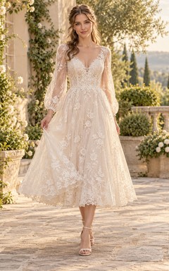 Vintage Tea-length V-neck Long Poet Sleeve Lace A-line Wedding Dress