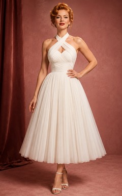 Criss Cross Halter Pleated Tea Length Bridal Dress