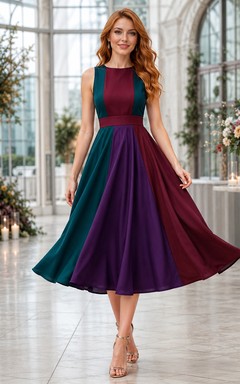 Vestido de invitada sin mangas con cuello alto y bloques de color verticales en tonos joya