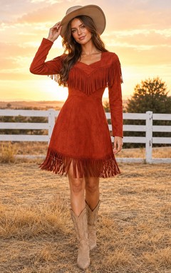 Minivestido estilo western de manga larga y cuello alto en jersey elástico color rojo óxido de Country Ready