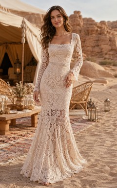 Vestido de novia bohemio de encaje de ganchillo con mangas largas estilo sirena para fugas románticas en el desierto