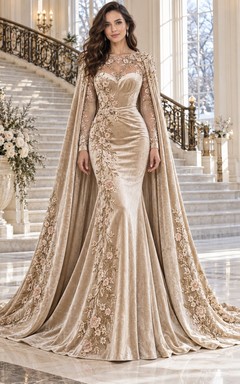 Vestido de novia romántico de terciopelo con capa floral color champán y mangas largas estilo sirena para invierno.