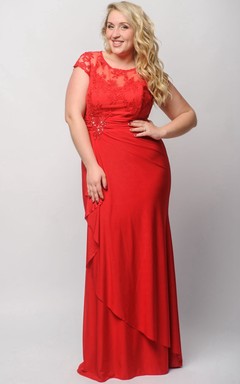 Sheath Floor-Length Jewel Short Sleeve Jersey Pleats Appliques Zipper Dress