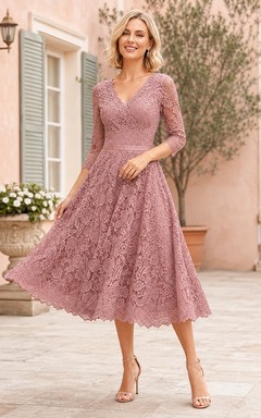 Vintage Dusty Rose Tea-Length Lace A-Line V-Neck Three-Quarter Sleeve Dress