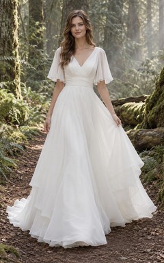 V-Neck Flutter Sleeve Wedding Dress in Organza with Layered A-Line Skirt and Train