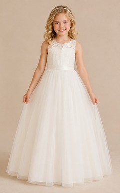 Lace Bodice Tulle A-Line Flower Girl Dress with V-Neck, Tea-Length Skirt and Bow Detail