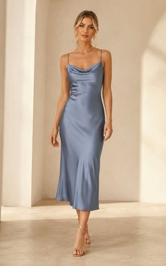 Dusty blue cowl neck satin slip midi bridesmaid dress