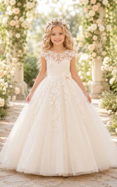 Flower Girl Dress Champagne Lace Tulle Ball Gown Jewel Neck Floor Length Sash Detail