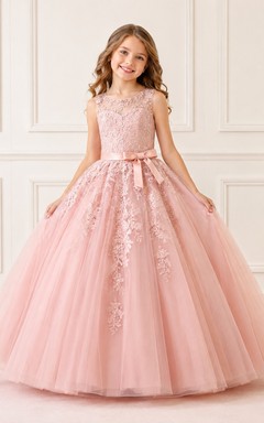Pink Ball Gown Jewel Neck Applique Floor-Length Flowergirl Pageant Dress