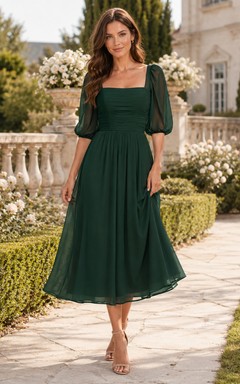 Dark Green Square Neck Puff Sleeve Chiffon Tea Length Guest Dress