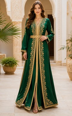 Emerald Satin Takchita A Line Floor Length V Neck Gold Embroidered Long Sleeve Dress