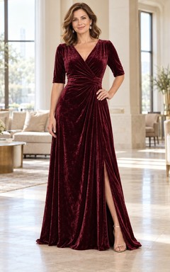 Burgundy Formal V-neck Half-Sleeve Ruched Velvet Floor-Length Split-Front A-Line Evening Gown