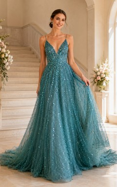 Türkisfarbenes Pailletten-Brautkleid mit Spaghettiträgern, V-Ausschnitt und A-Linien-Schnitt